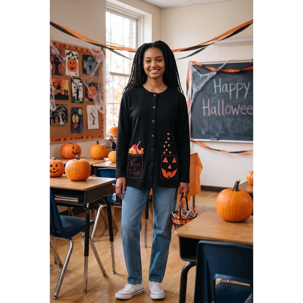"CHAUS" Halloween Blk Button Front Candy Corn Top Women SEE MEASURMENTS!!